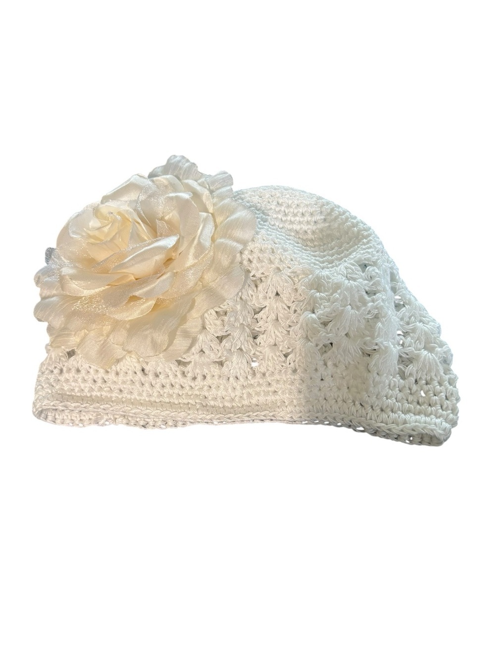 Hand Crochet Infant Hat Cap Beret OS White Large Flower Christening Photography